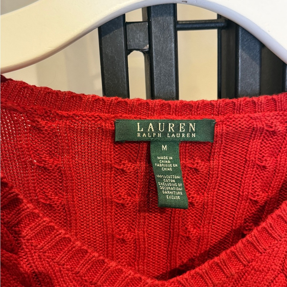 Ralph Lauren Vivid Red Cable Knit V-Neck Sweater - Picture 4 of 4
